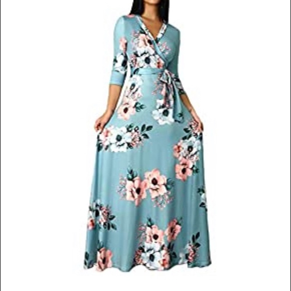 Floral Print V-Cross Collar Maxi Long Dresses